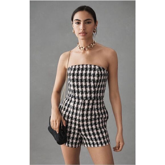 Anthropologie Pants - NEW Anthropologie Hutch Black, White & Pink Strapless Plaid Tweed Romper Size 10